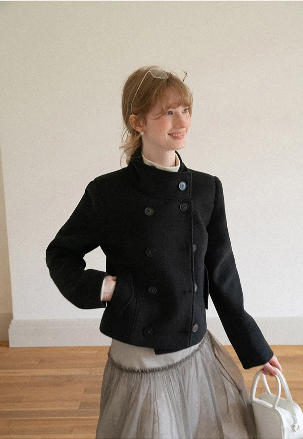 Asymmetrical Collar Double Breasted Wool Coat