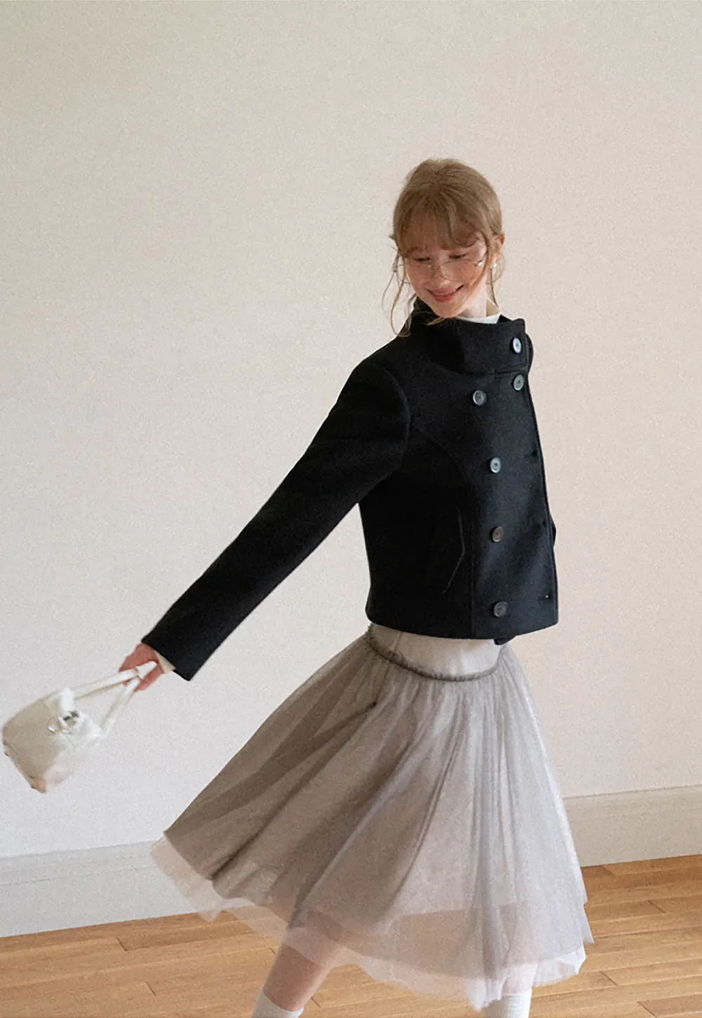 Asymmetrical Collar Double Breasted Wool Coat