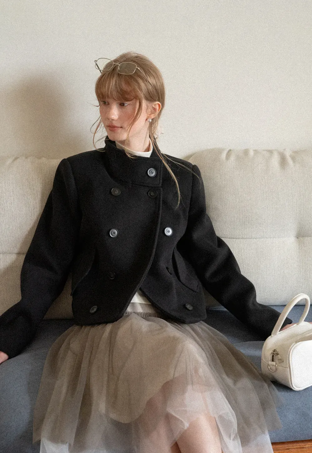 Asymmetrical Collar Double Breasted Wool Coat