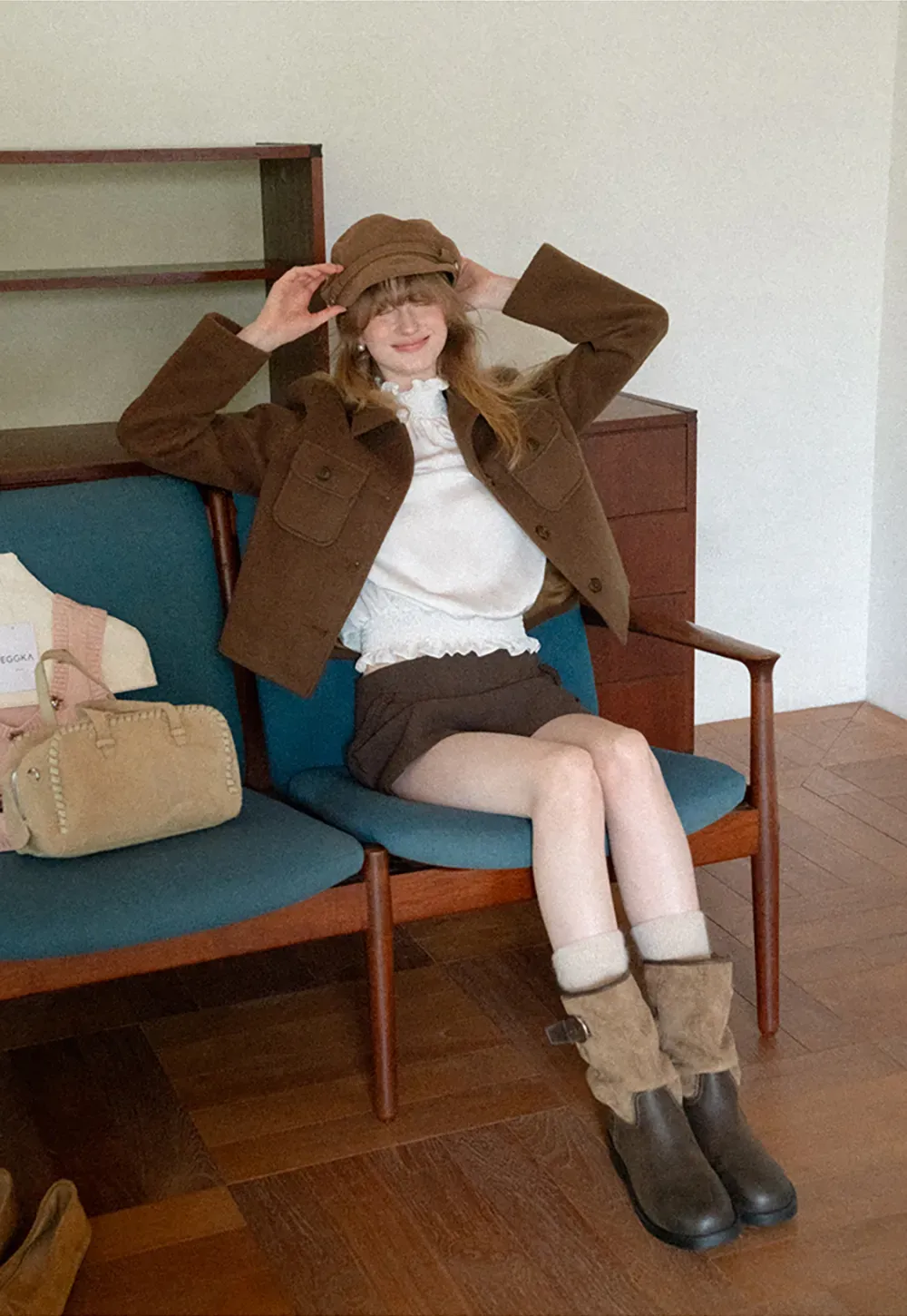 Cropped Wool Coat with Flap Pockets and Notched Collar