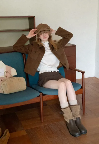 Cropped Wool Coat with Flap Pockets and Notched Collar