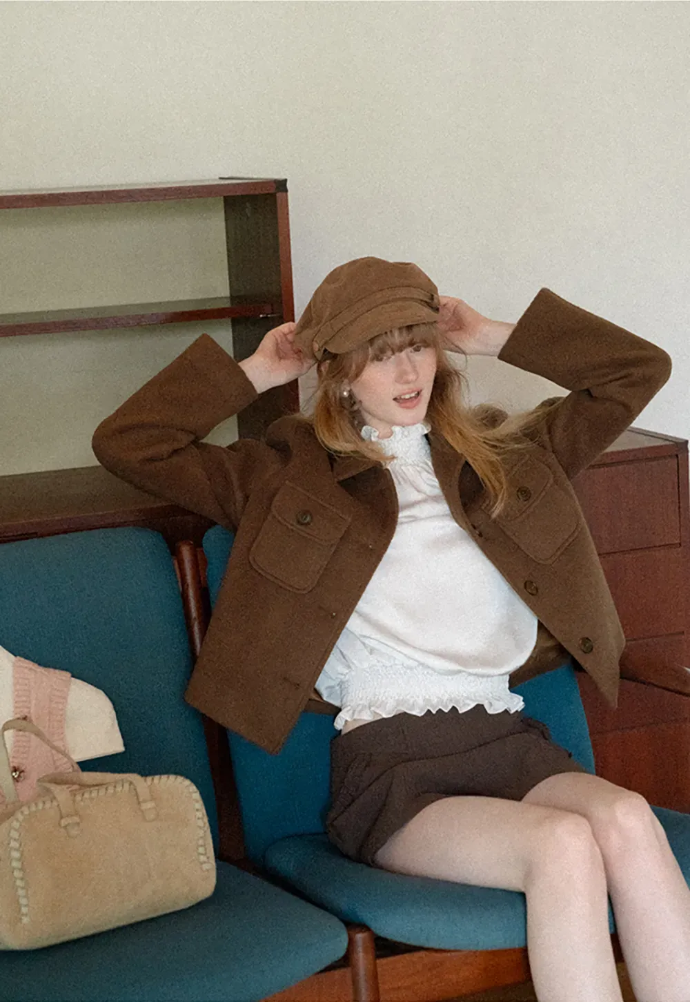 Cropped Wool Coat with Flap Pockets and Notched Collar