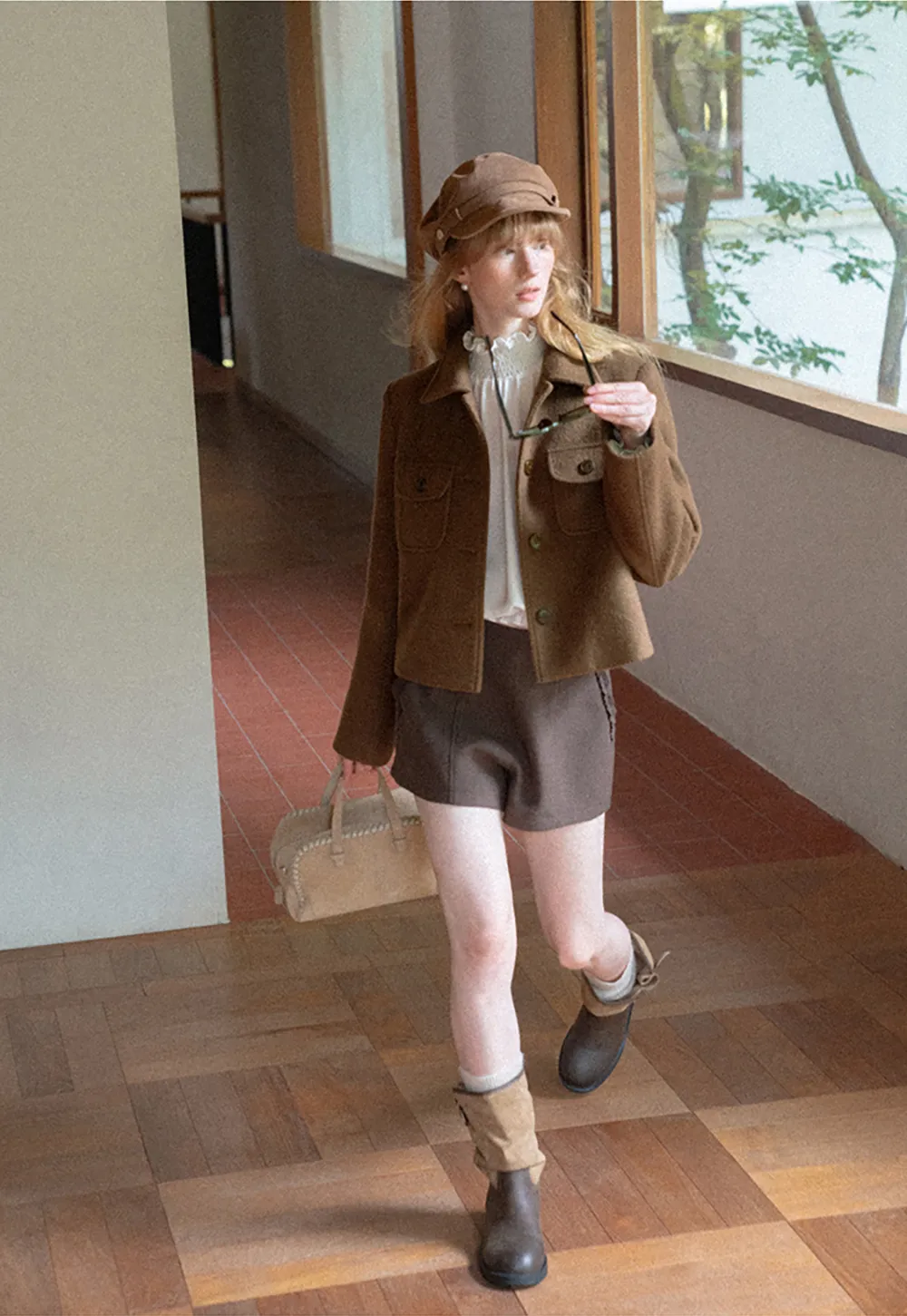 Cropped Wool Coat with Flap Pockets and Notched Collar
