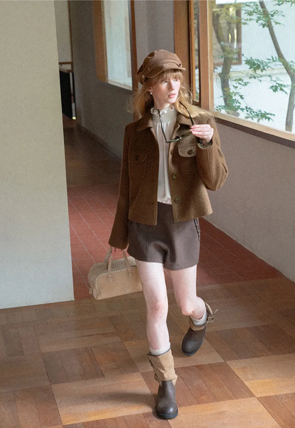 Cropped Wool Coat with Flap Pockets and Notched Collar