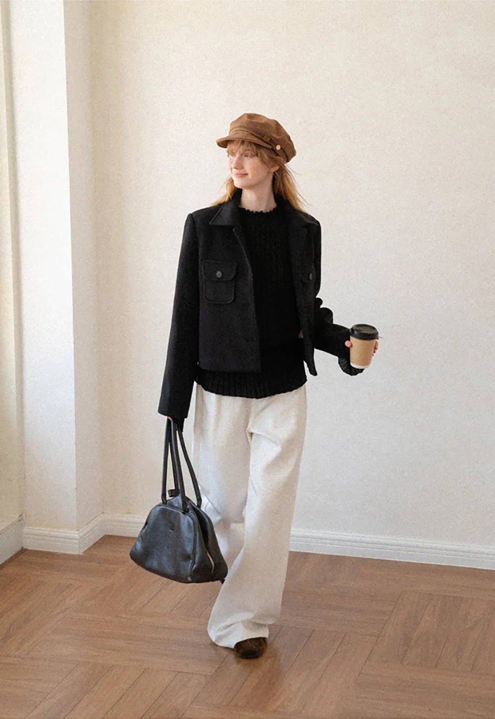Cropped Wool Coat with Flap Pockets and Notched Collar