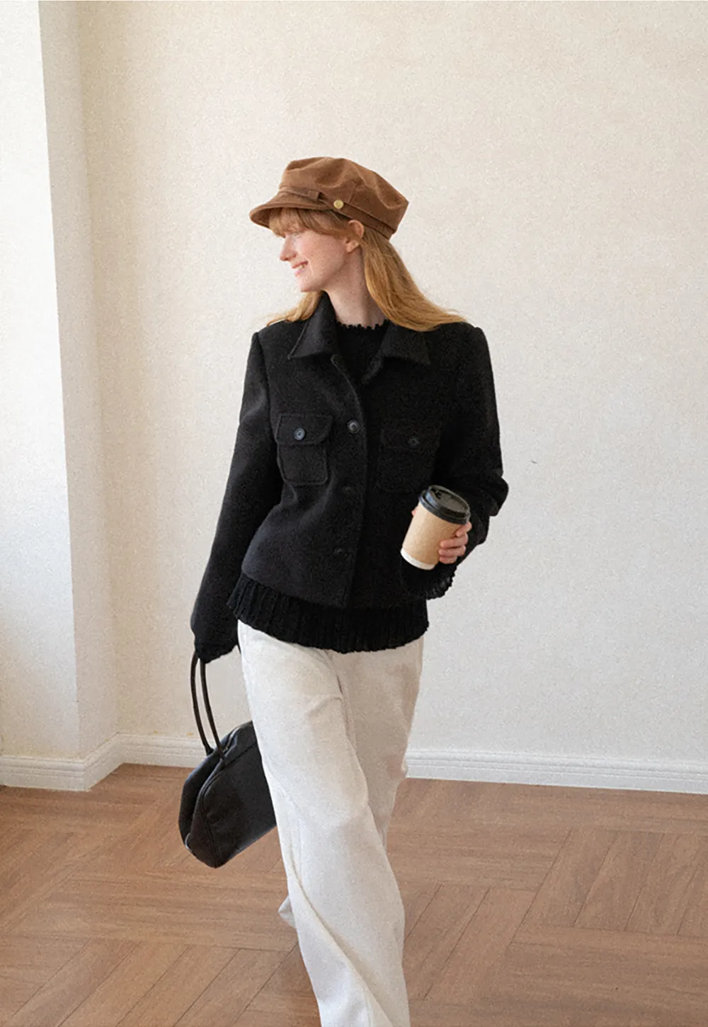 Cropped Wool Coat with Flap Pockets and Notched Collar