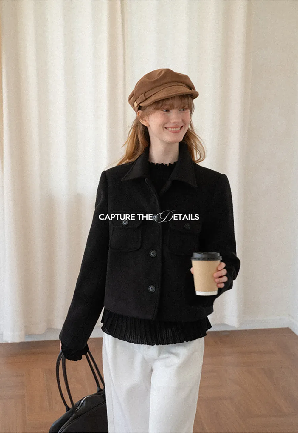 Cropped Wool Coat with Flap Pockets and Notched Collar
