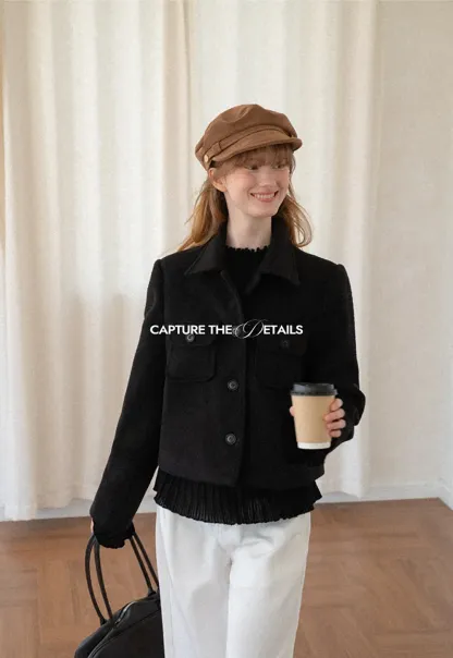 Cropped Wool Coat with Flap Pockets and Notched Collar