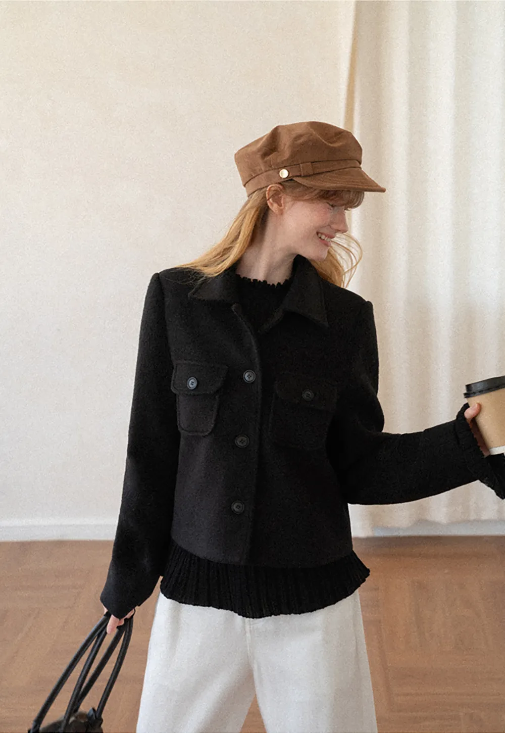 Cropped Wool Coat with Flap Pockets and Notched Collar