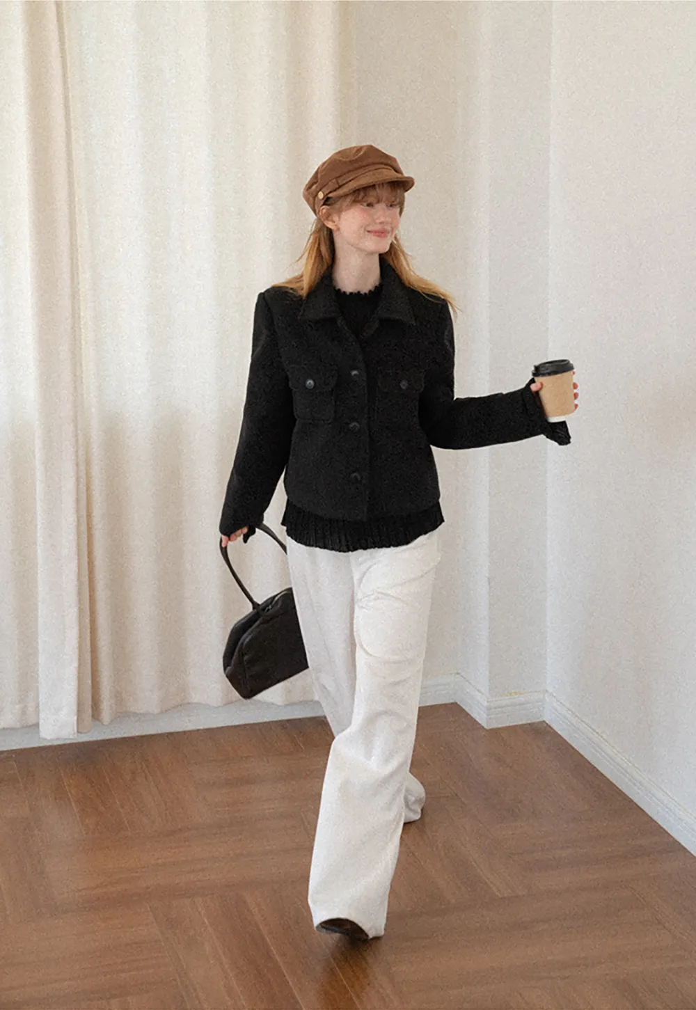 Cropped Wool Coat with Flap Pockets and Notched Collar