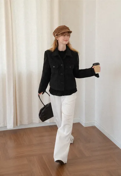 Cropped Wool Coat with Flap Pockets and Notched Collar
