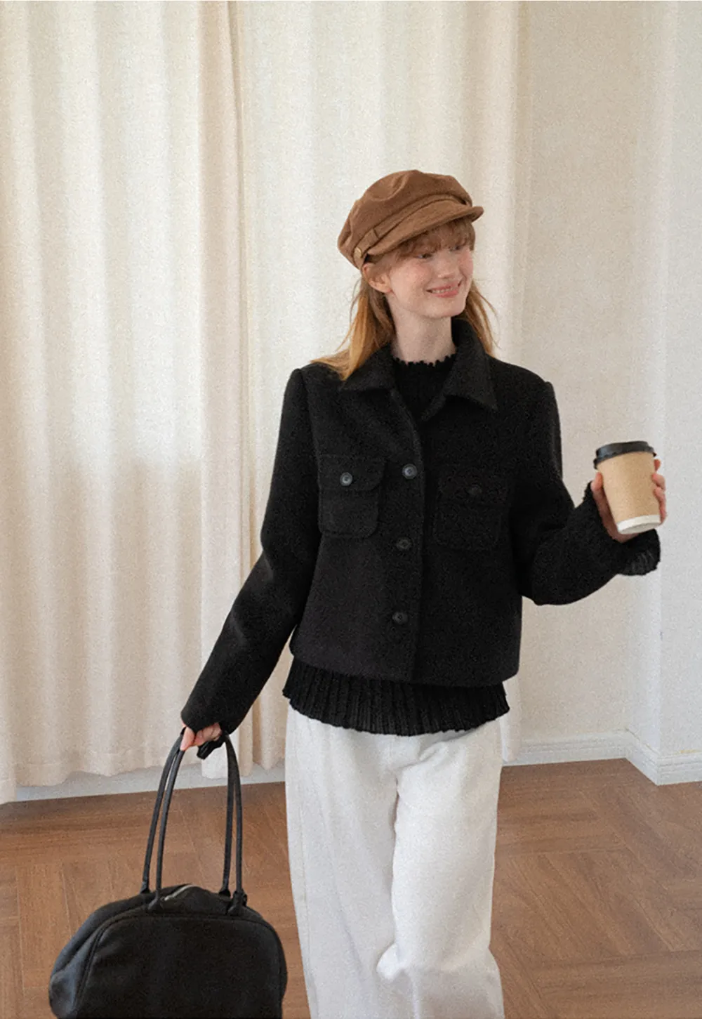 Cropped Wool Coat with Flap Pockets and Notched Collar