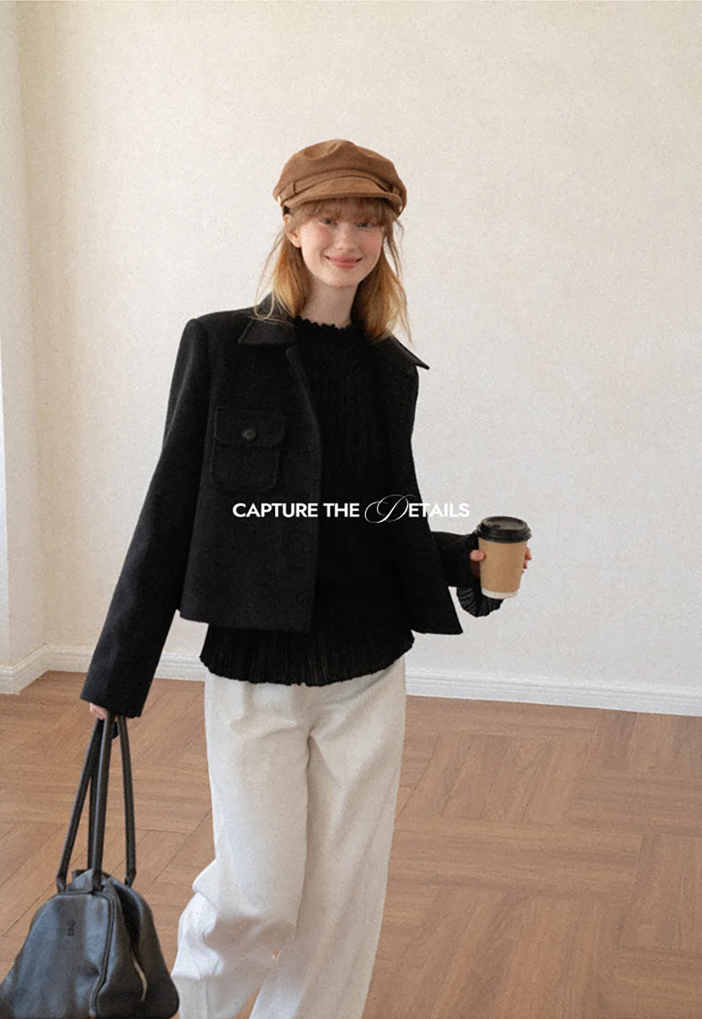Cropped Wool Coat with Flap Pockets and Notched Collar