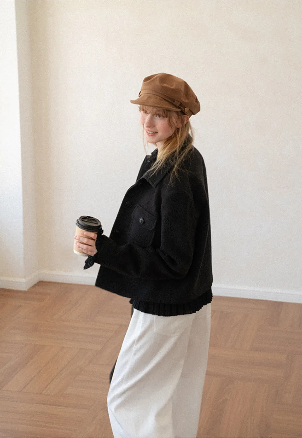 Cropped Wool Coat with Flap Pockets and Notched Collar