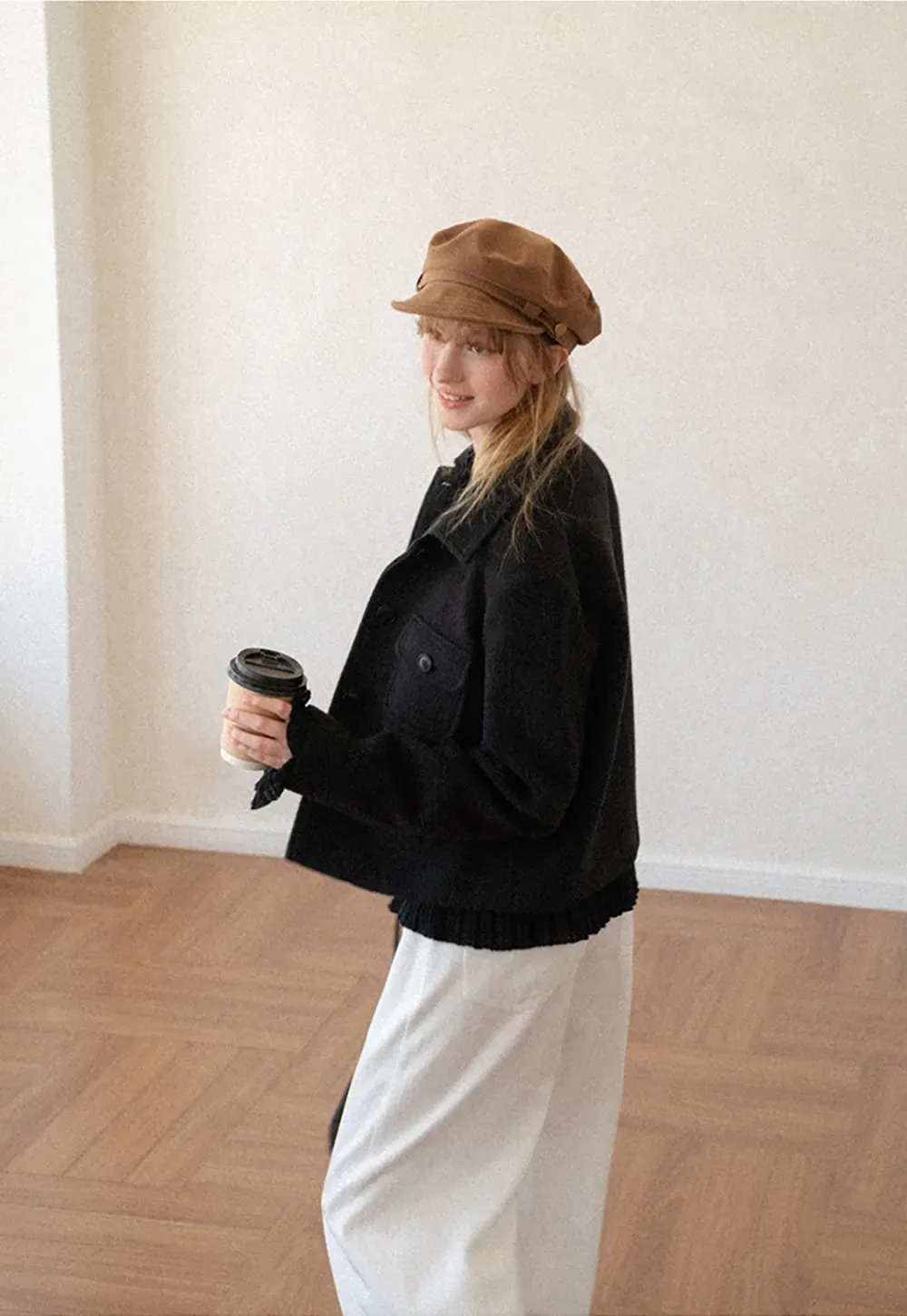 Cropped Wool Coat with Flap Pockets and Notched Collar