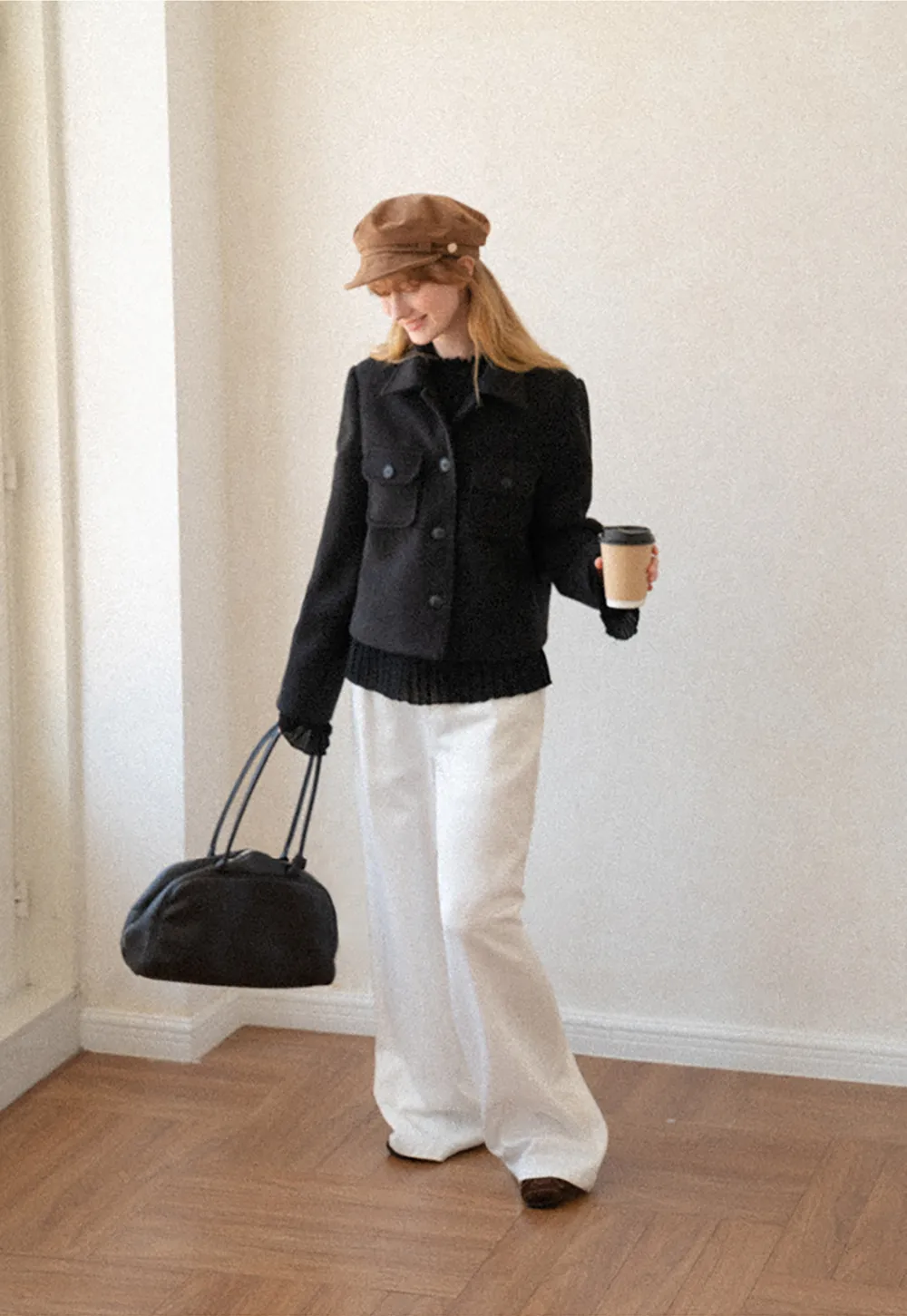Cropped Wool Coat with Flap Pockets and Notched Collar
