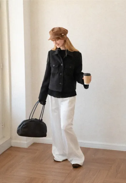 Cropped Wool Coat with Flap Pockets and Notched Collar