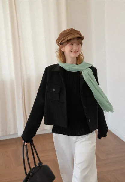 Cropped Wool Coat with Flap Pockets and Notched Collar