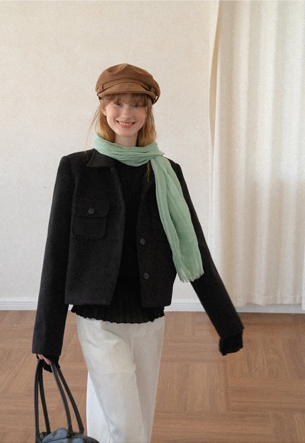 Cropped Wool Coat with Flap Pockets and Notched Collar