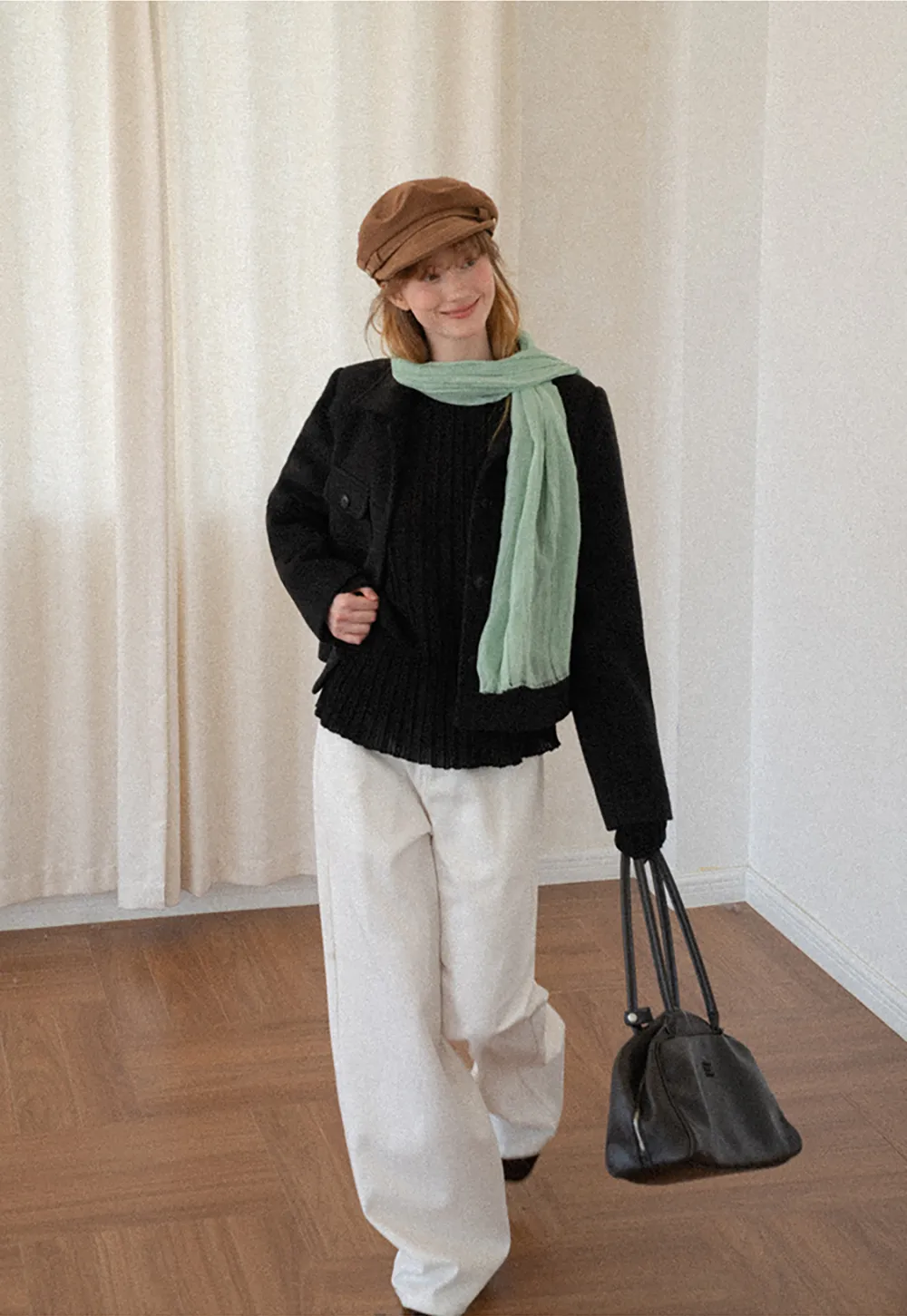 Cropped Wool Coat with Flap Pockets and Notched Collar