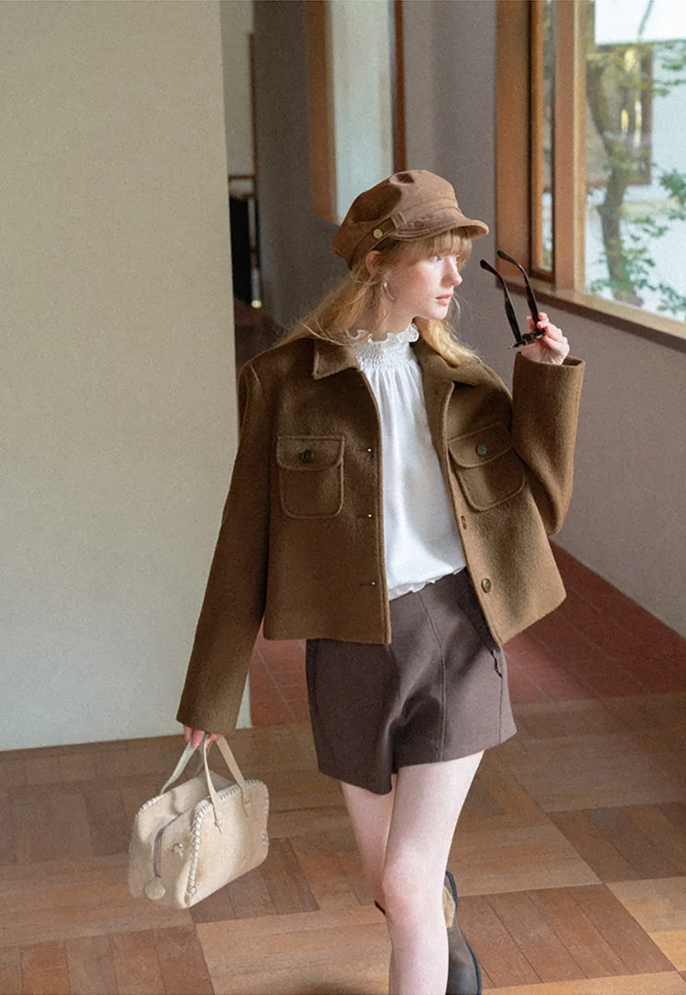 Cropped Wool Coat with Flap Pockets and Notched Collar