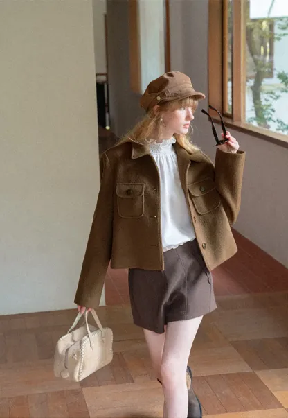 Cropped Wool Coat with Flap Pockets and Notched Collar
