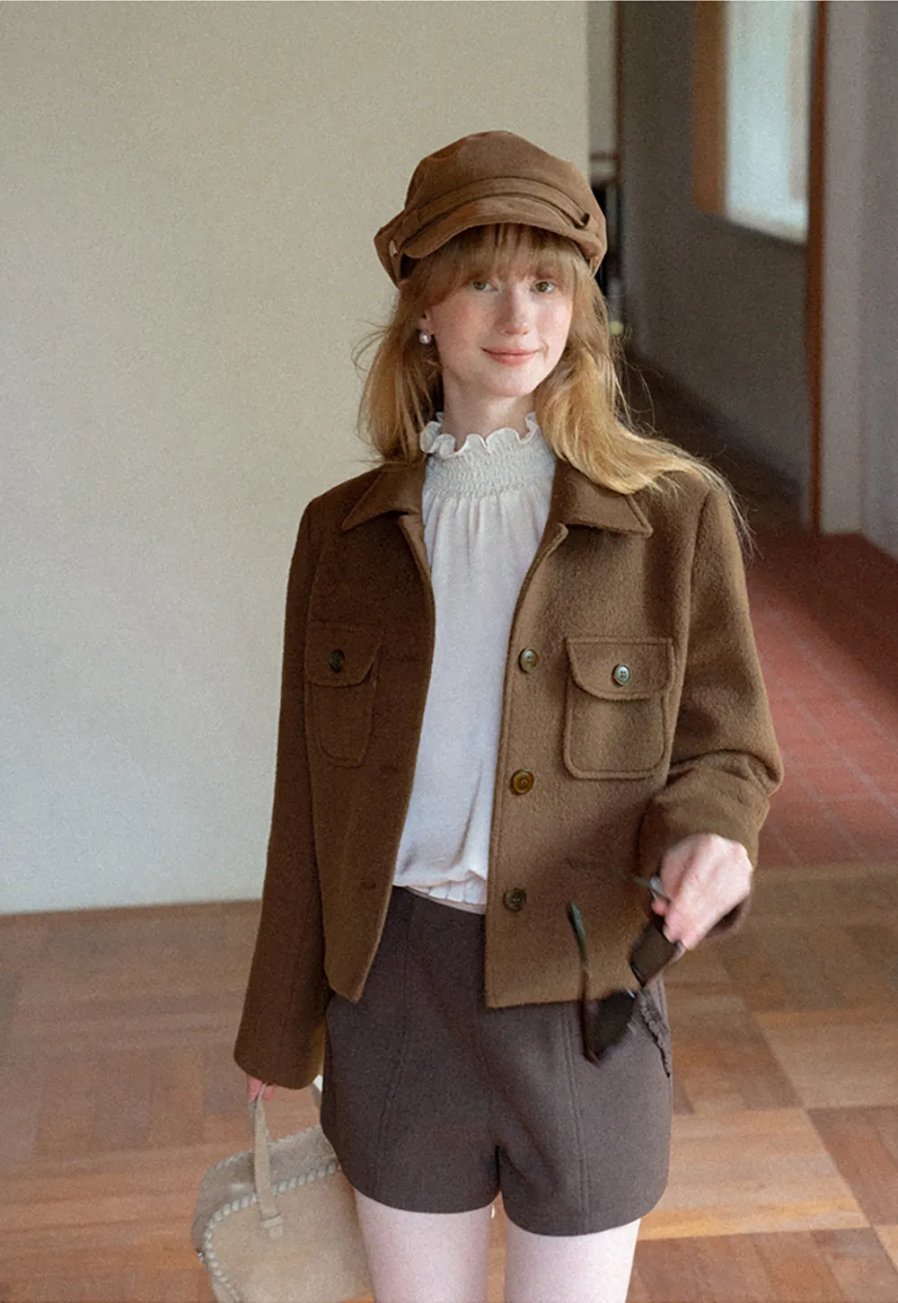 Cropped Wool Coat with Flap Pockets and Notched Collar