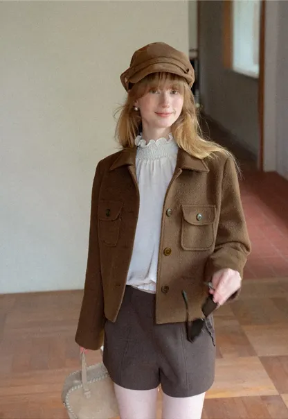 Cropped Wool Coat with Flap Pockets and Notched Collar