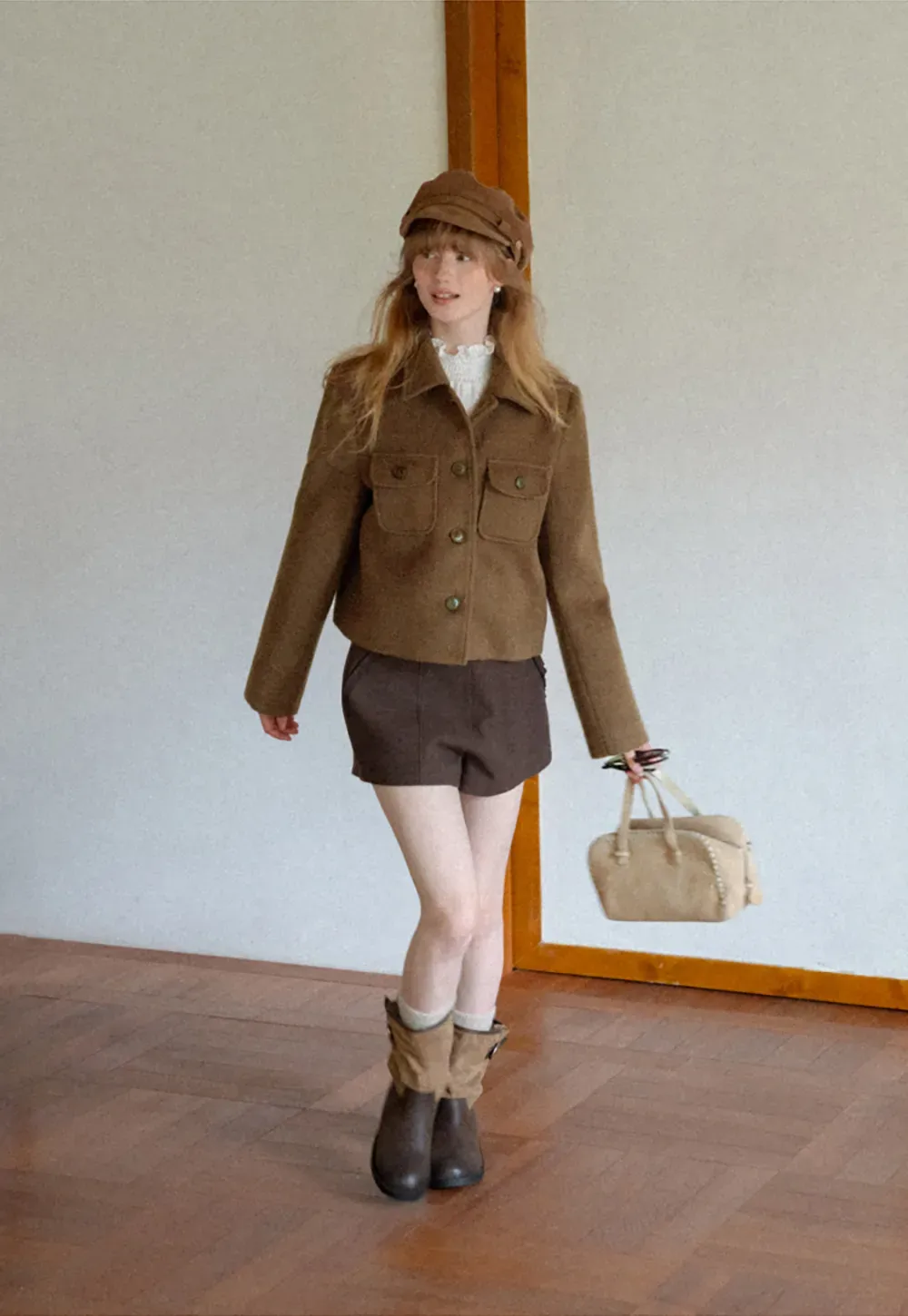 Cropped Wool Coat with Flap Pockets and Notched Collar
