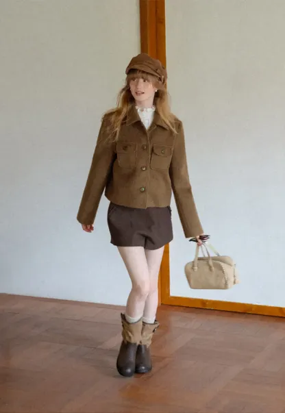 Cropped Wool Coat with Flap Pockets and Notched Collar