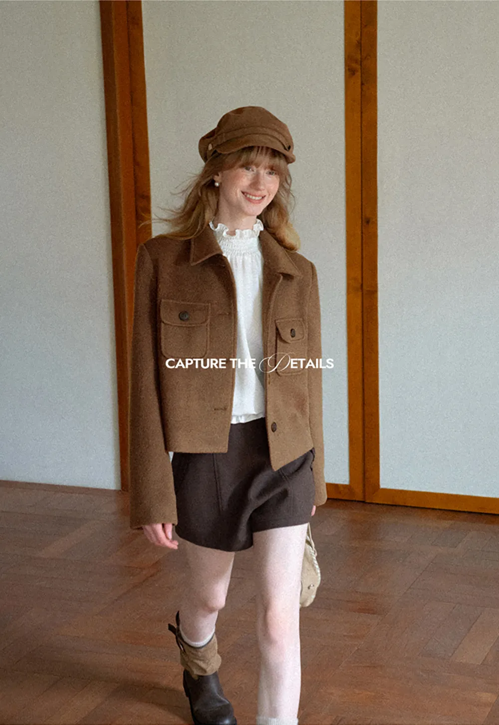 Cropped Wool Coat with Flap Pockets and Notched Collar