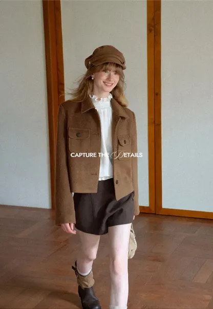 Cropped Wool Coat with Flap Pockets and Notched Collar
