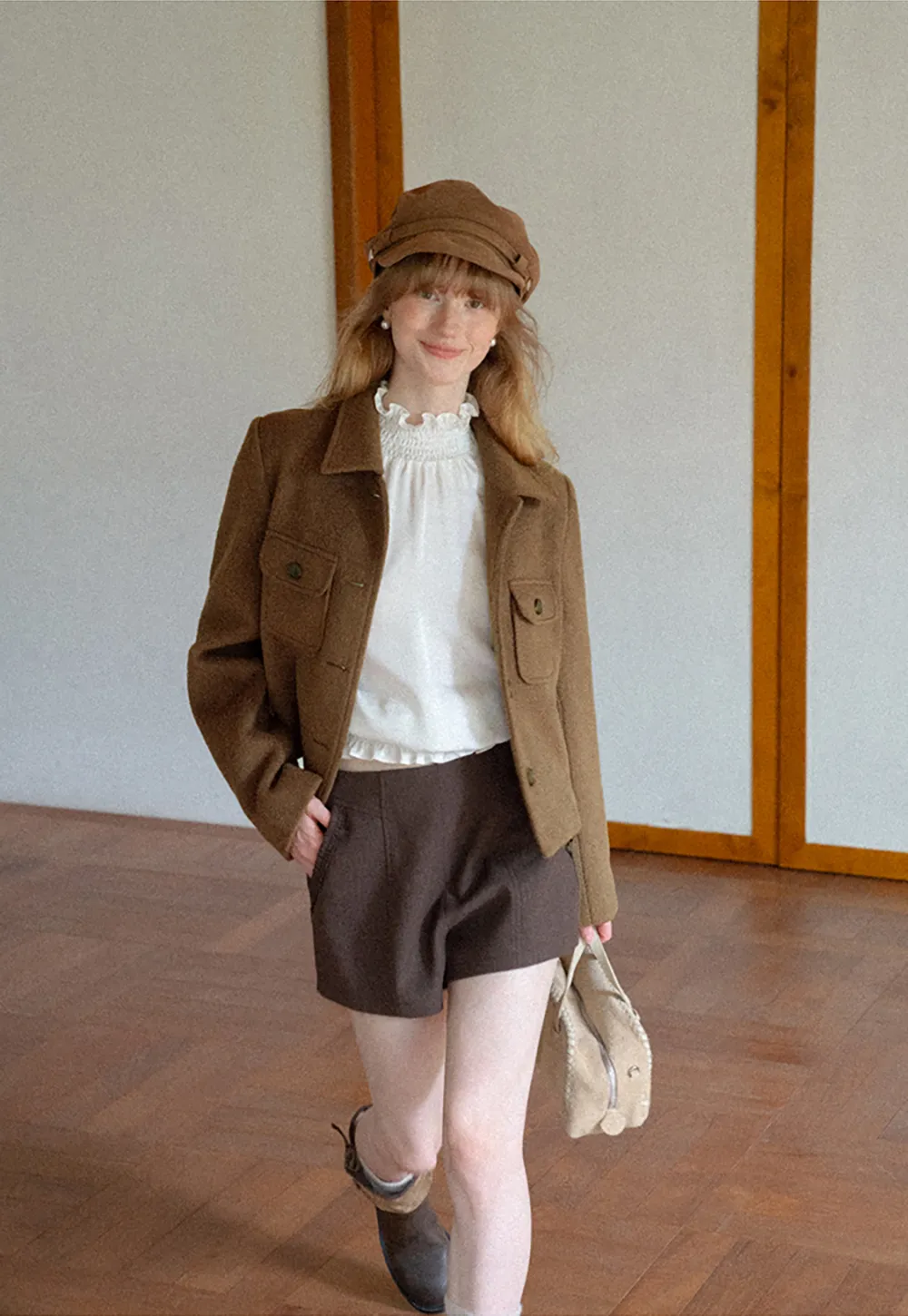 Cropped Wool Coat with Flap Pockets and Notched Collar