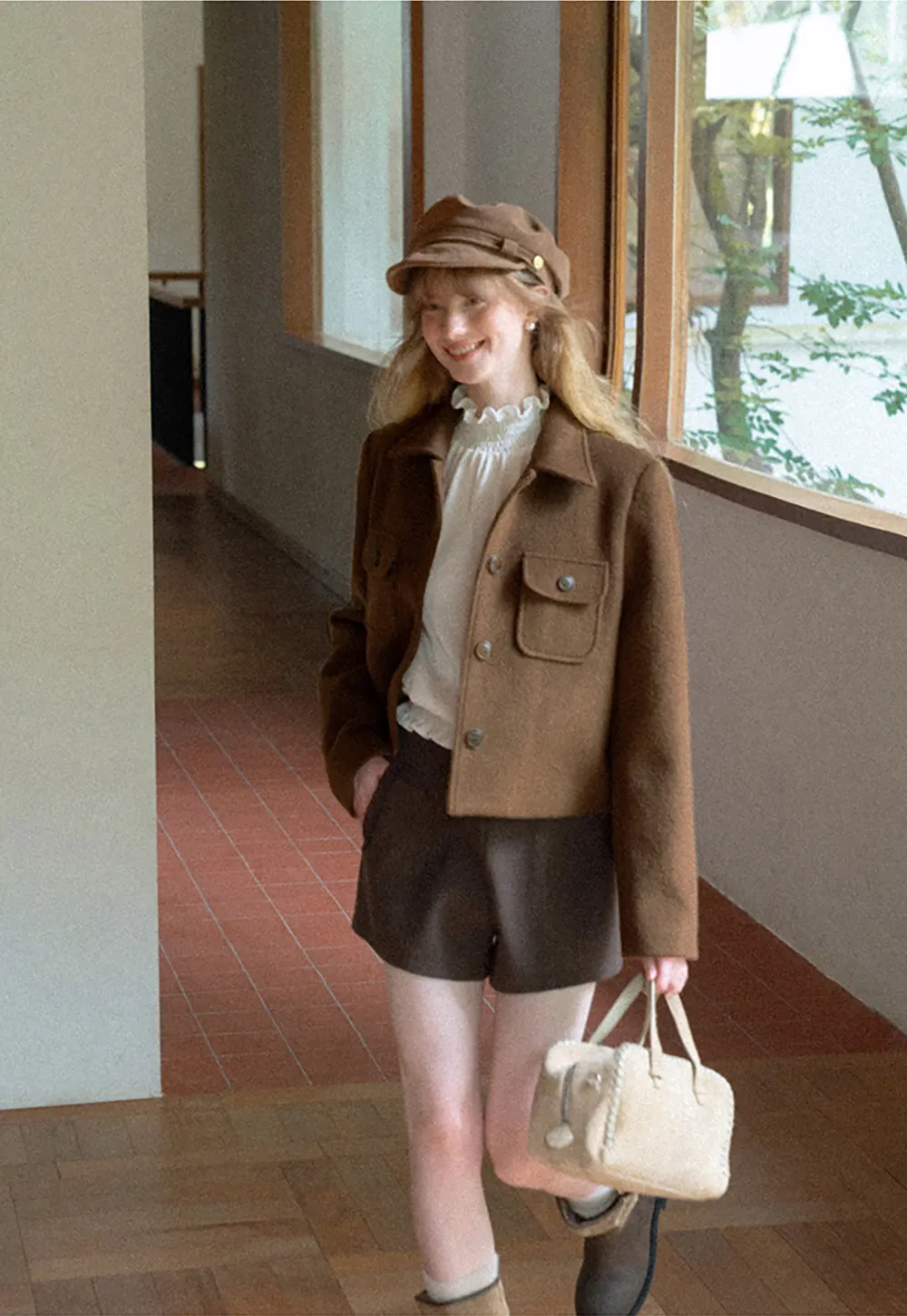 Cropped Wool Coat with Flap Pockets and Notched Collar