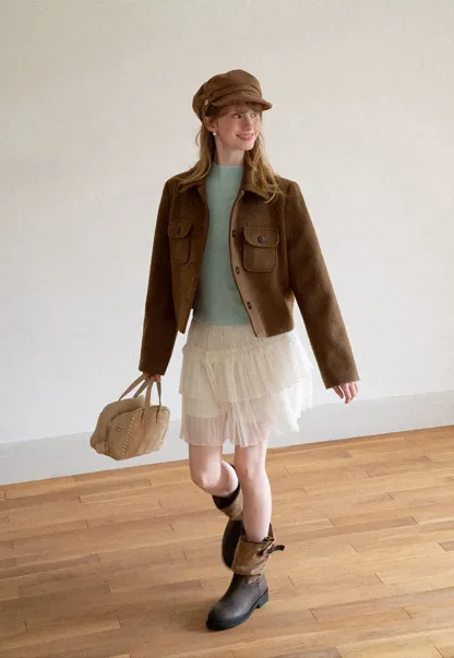 Cropped Wool Coat with Flap Pockets and Notched Collar