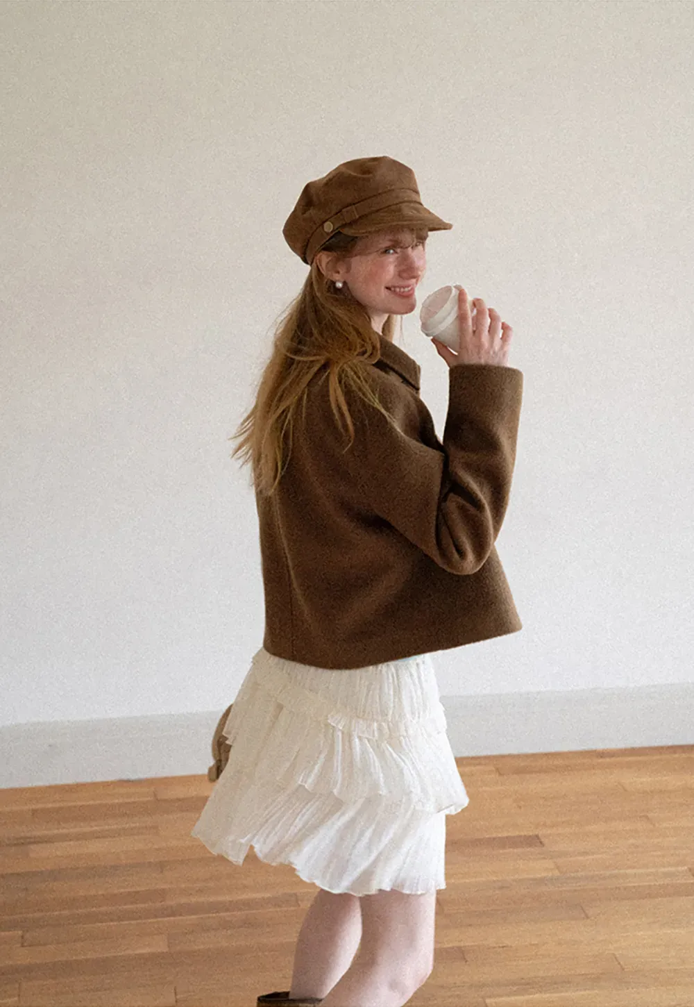 Cropped Wool Coat with Flap Pockets and Notched Collar