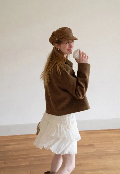 Cropped Wool Coat with Flap Pockets and Notched Collar