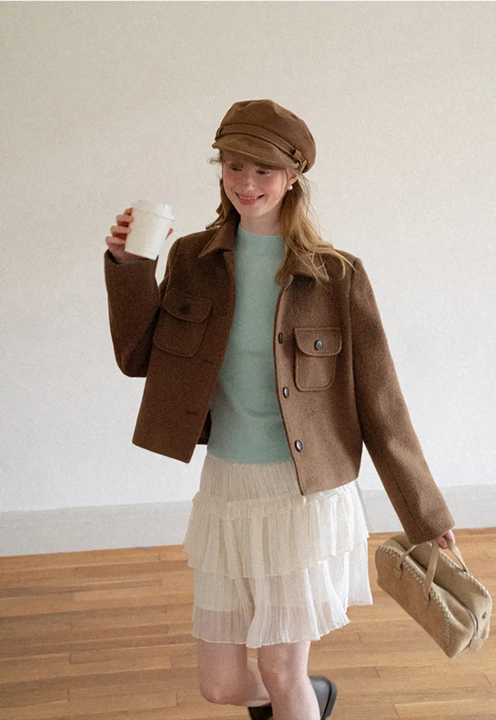 Cropped Wool Coat with Flap Pockets and Notched Collar