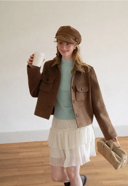 Cropped Wool Coat with Flap Pockets and Notched Collar