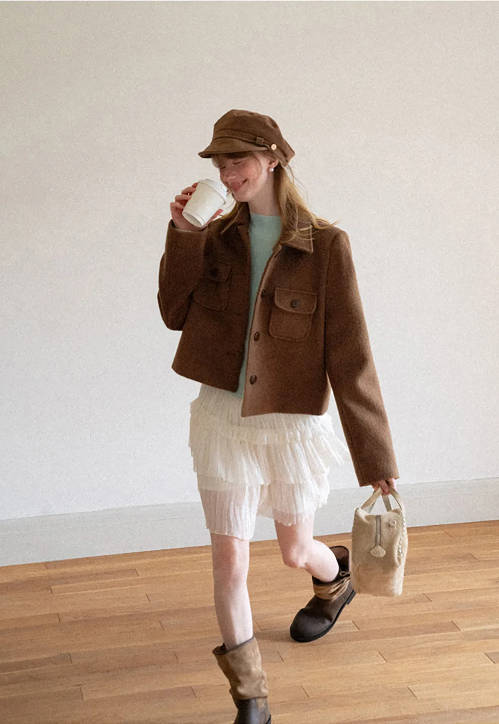 Cropped Wool Coat with Flap Pockets and Notched Collar