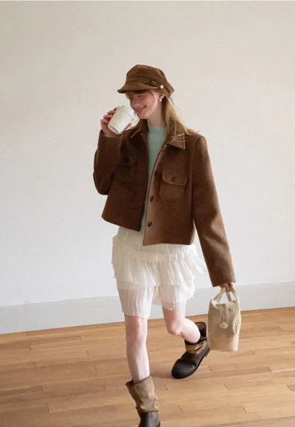Cropped Wool Coat with Flap Pockets and Notched Collar
