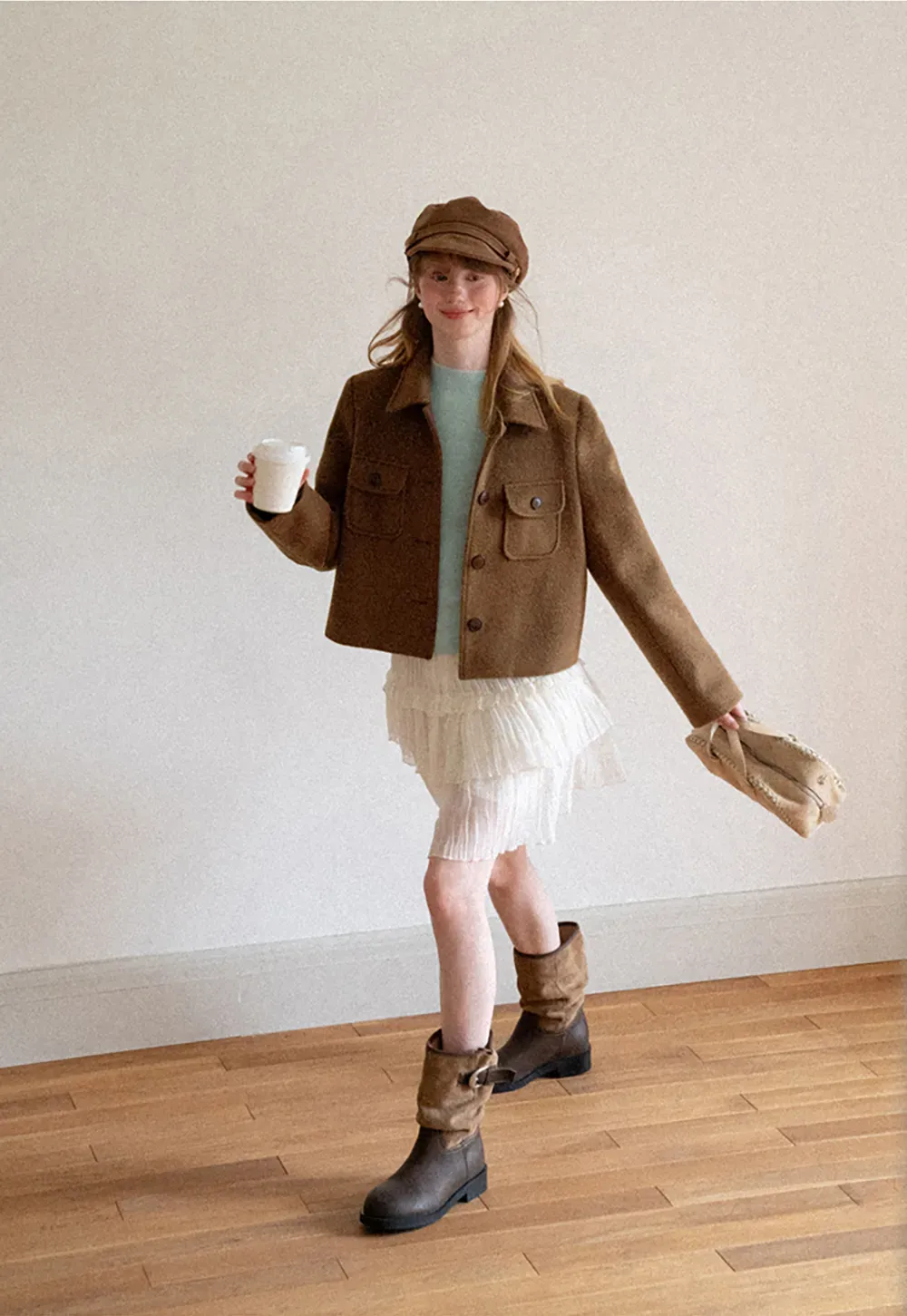 Cropped Wool Coat with Flap Pockets and Notched Collar