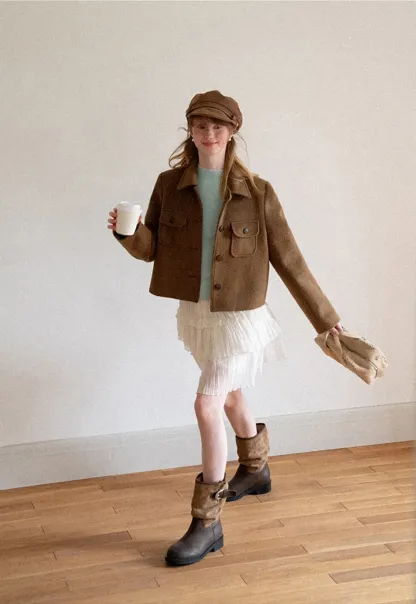 Cropped Wool Coat with Flap Pockets and Notched Collar