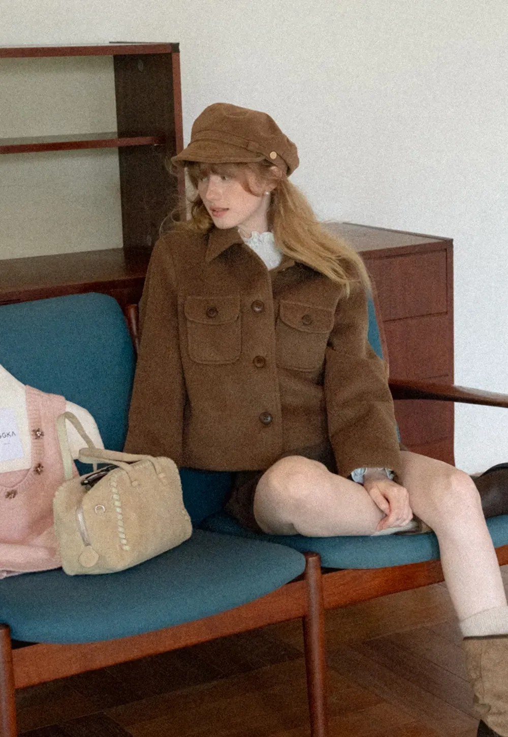 Cropped Wool Coat with Flap Pockets and Notched Collar