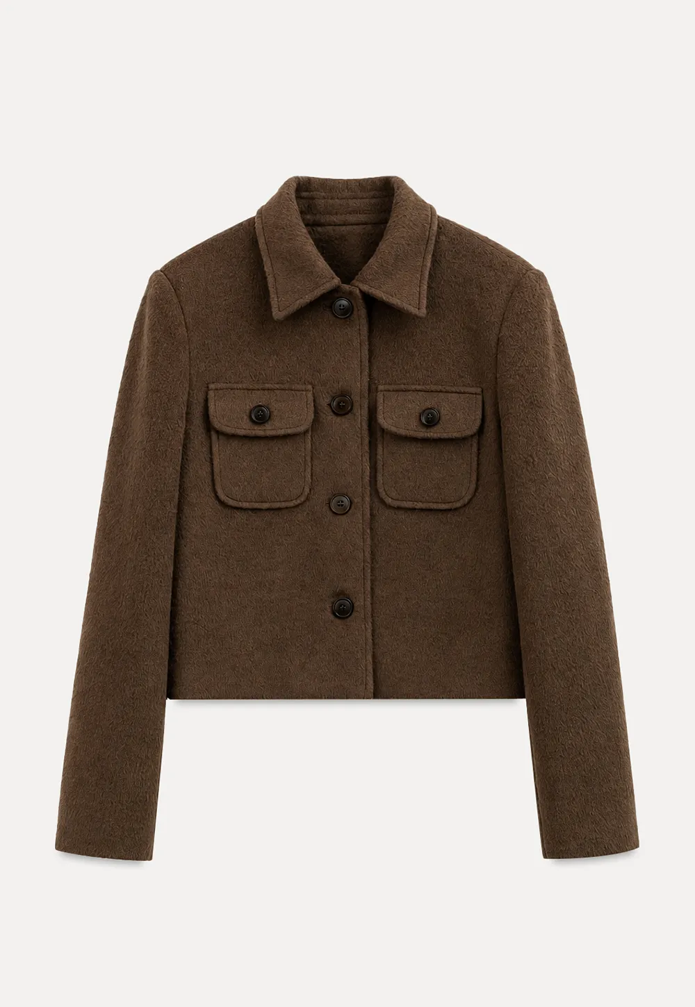 Cropped Wool Coat with Flap Pockets and Notched Collar