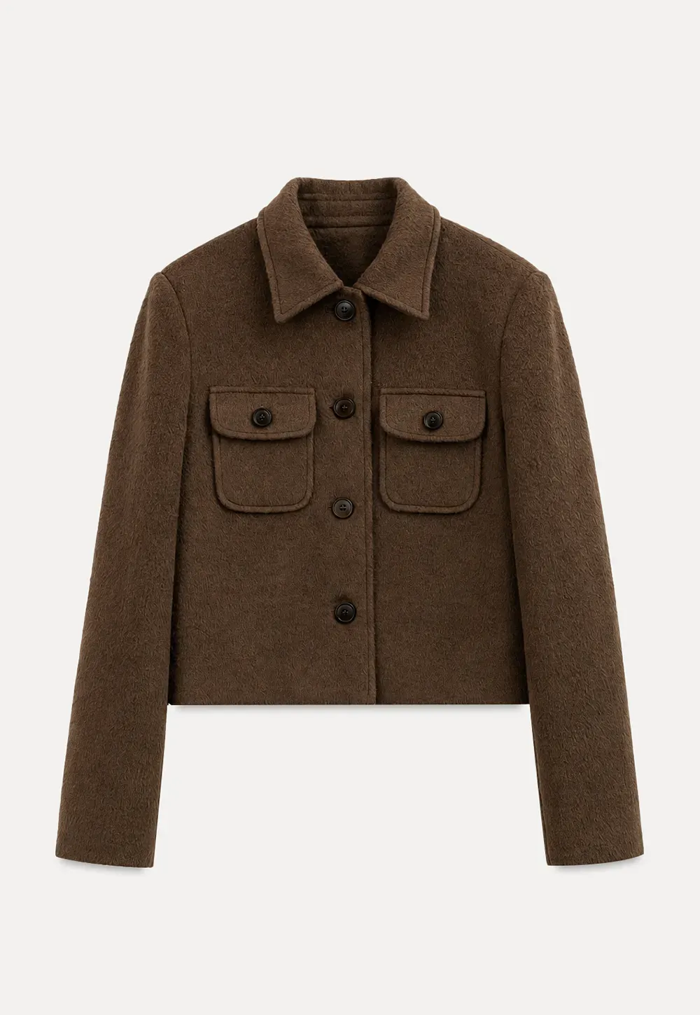Cropped Wool Coat with Flap Pockets and Notched Collar