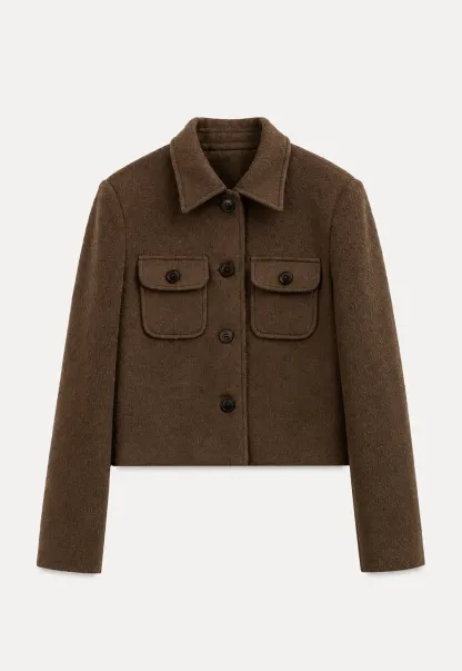 Cropped Wool Coat with Flap Pockets and Notched Collar