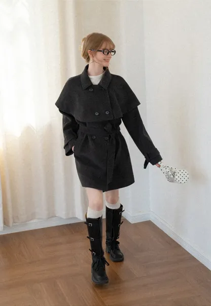 Cape Collar Double Breasted Wool Coat