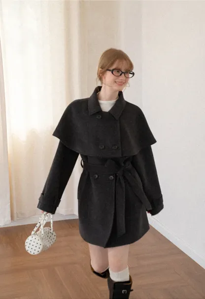 Cape Collar Double Breasted Wool Coat