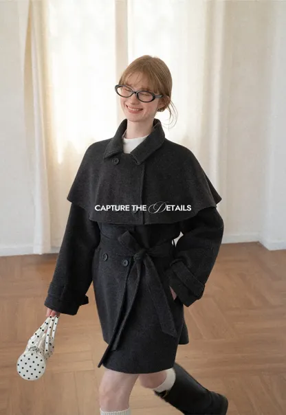 Cape Collar Double Breasted Wool Coat